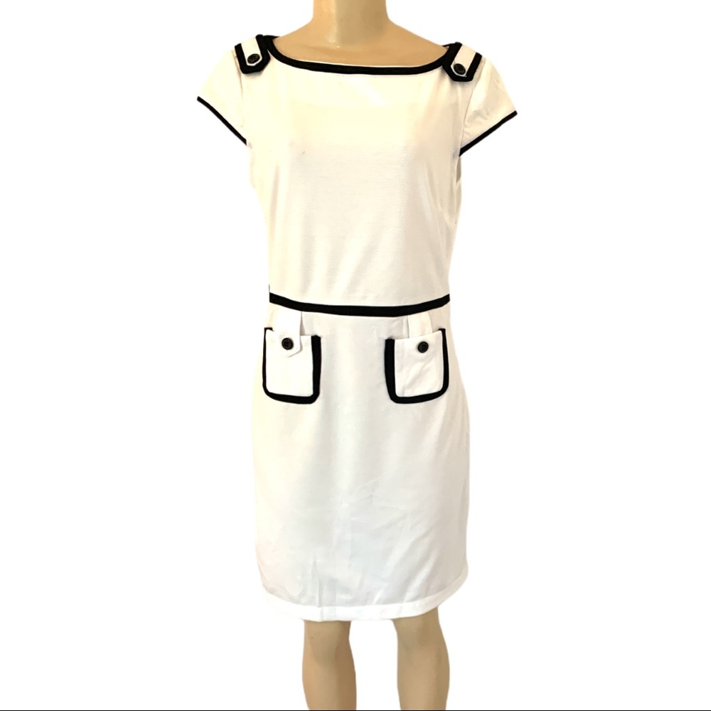 NWT Classic White Cotton Midi Summer Dress Black Contrast Piping